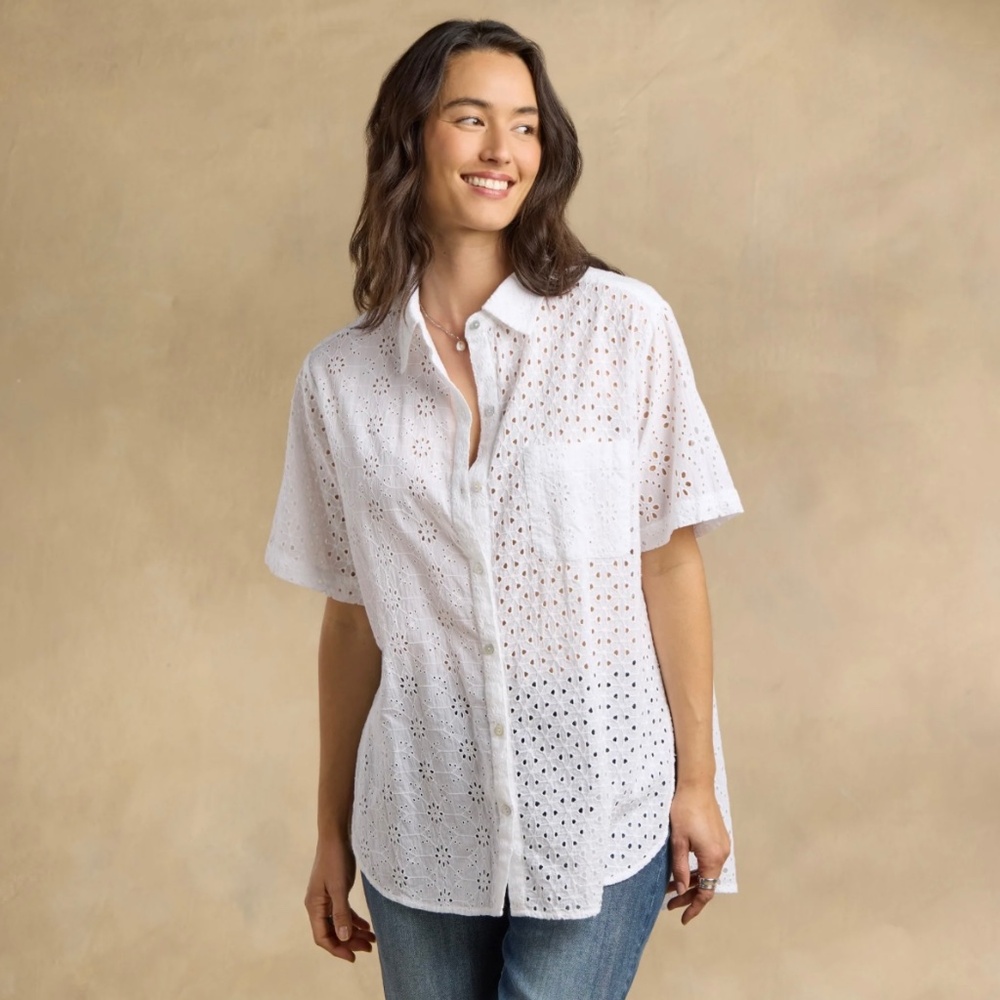 Sundance Short Sleeve Eyelet White Cotton Shirt Size L